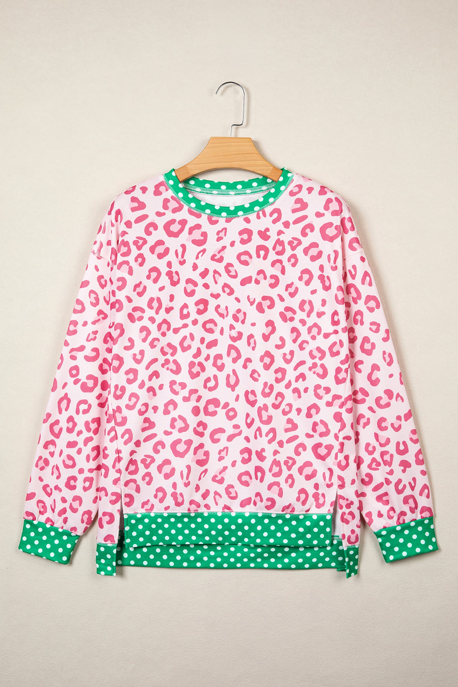 Brown Leopard Polka Dot Colorblock Trim Long Sleeve Top
