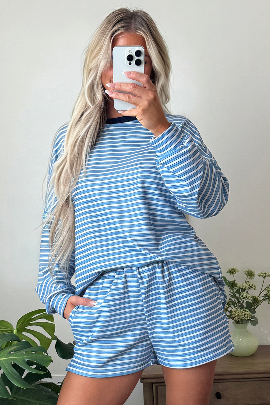 Brown Stripe Long Sleeve Oversized Top Pocketed Casual Shorts Two Piece Set
