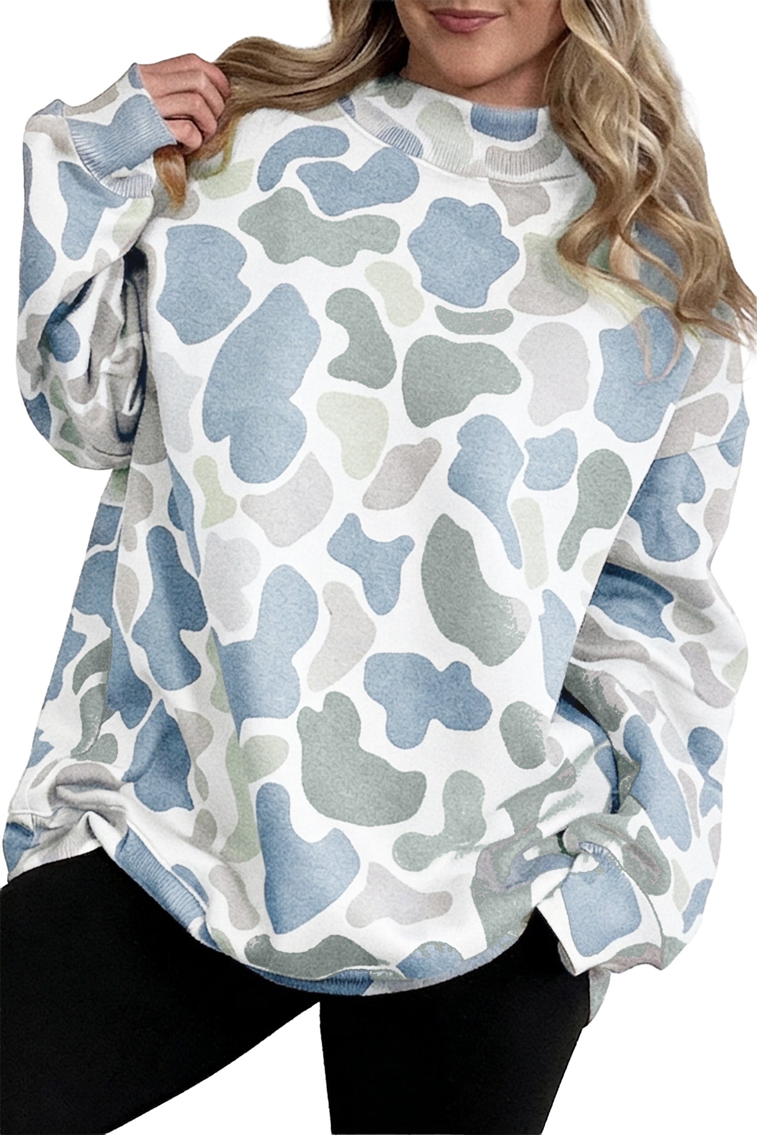 Sky Blue Camouflage Western Style Pullover Sweatshirt
