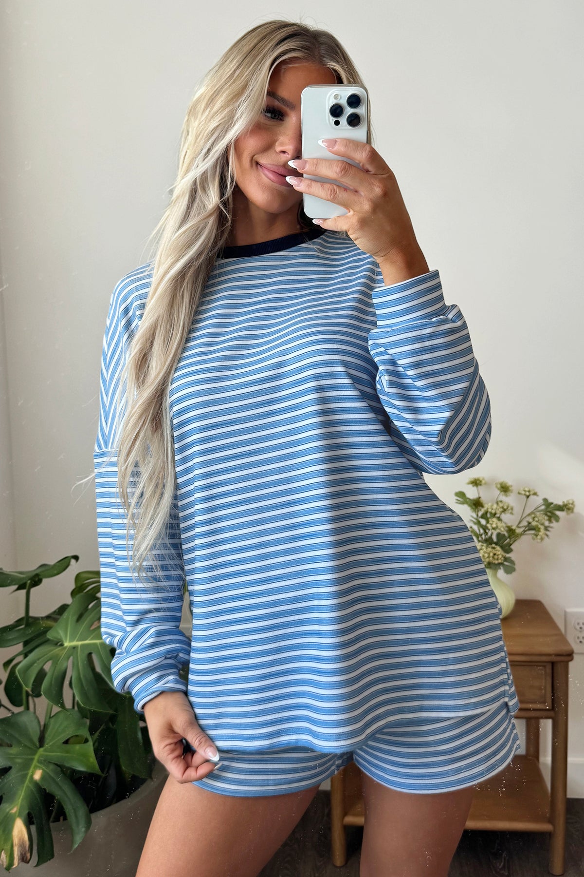 Brown Stripe Long Sleeve Oversized Top Pocketed Casual Shorts Two Piece Set