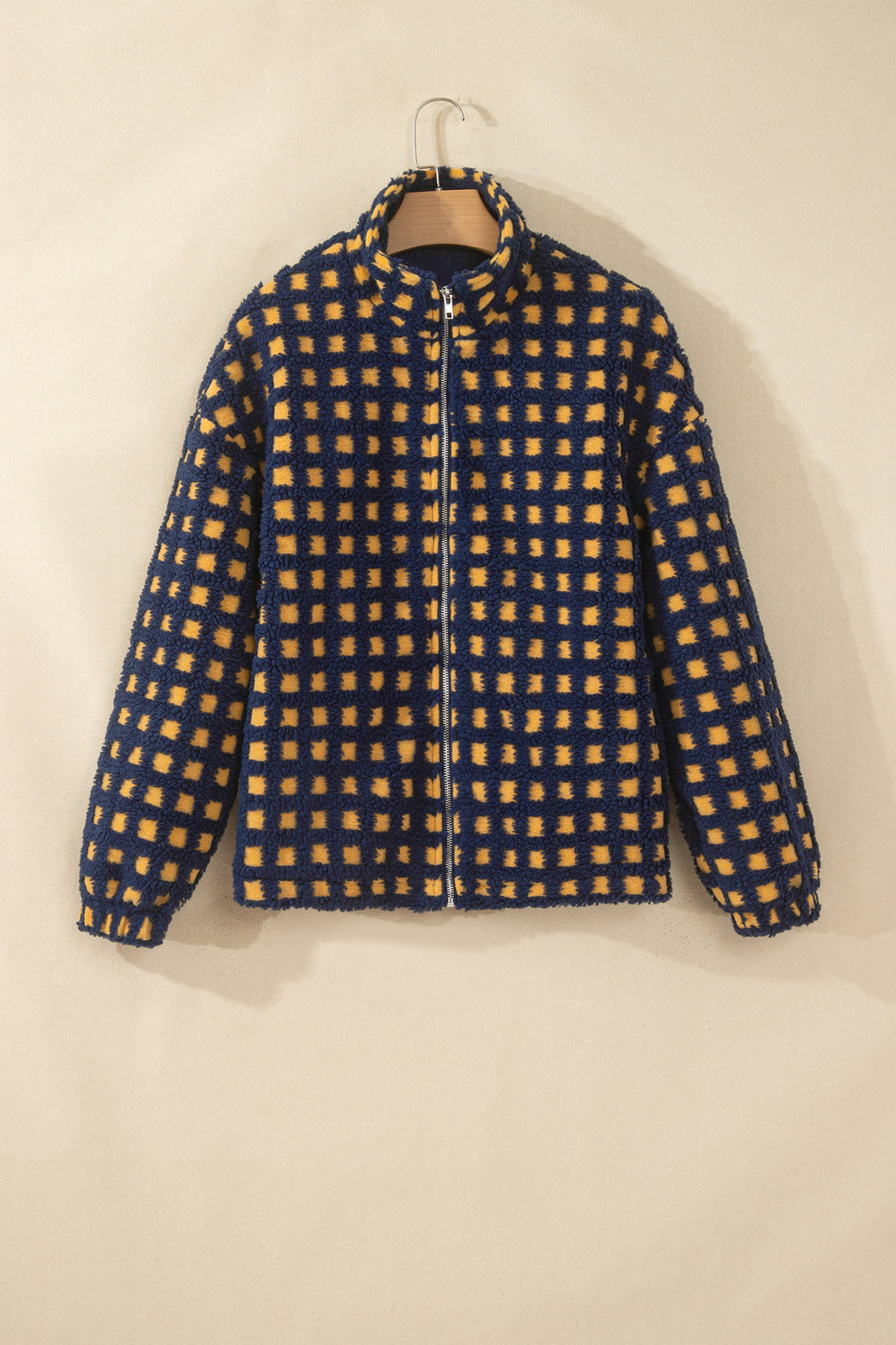 Blue Plaid Sherpa Fleece Zip Up Jacket