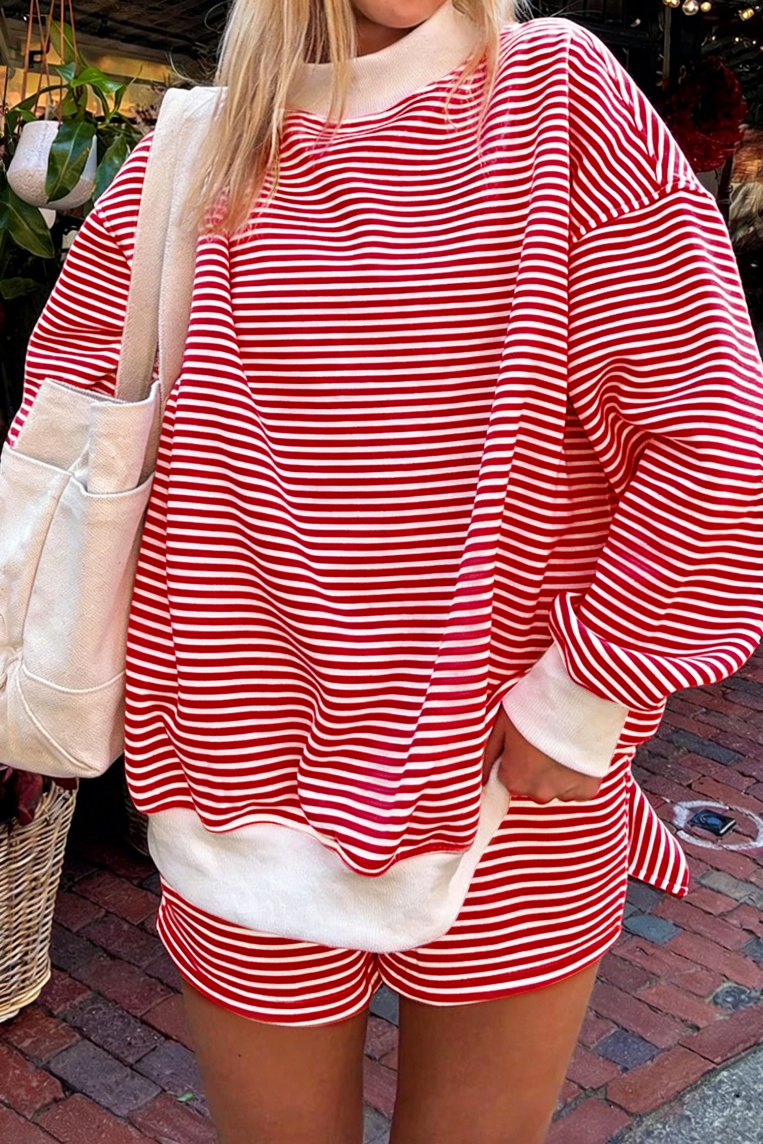 Green Stripe Oversize Mock Neck Sweatshirt and Shorts Set