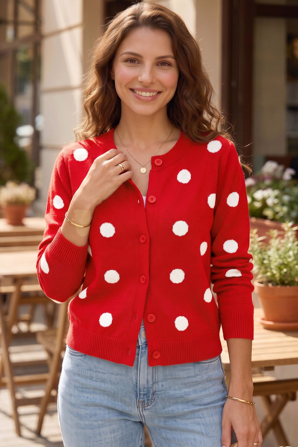 Yellow Cream Casual Polka Dot Button Front Long Sleeve Sweater Cardigan