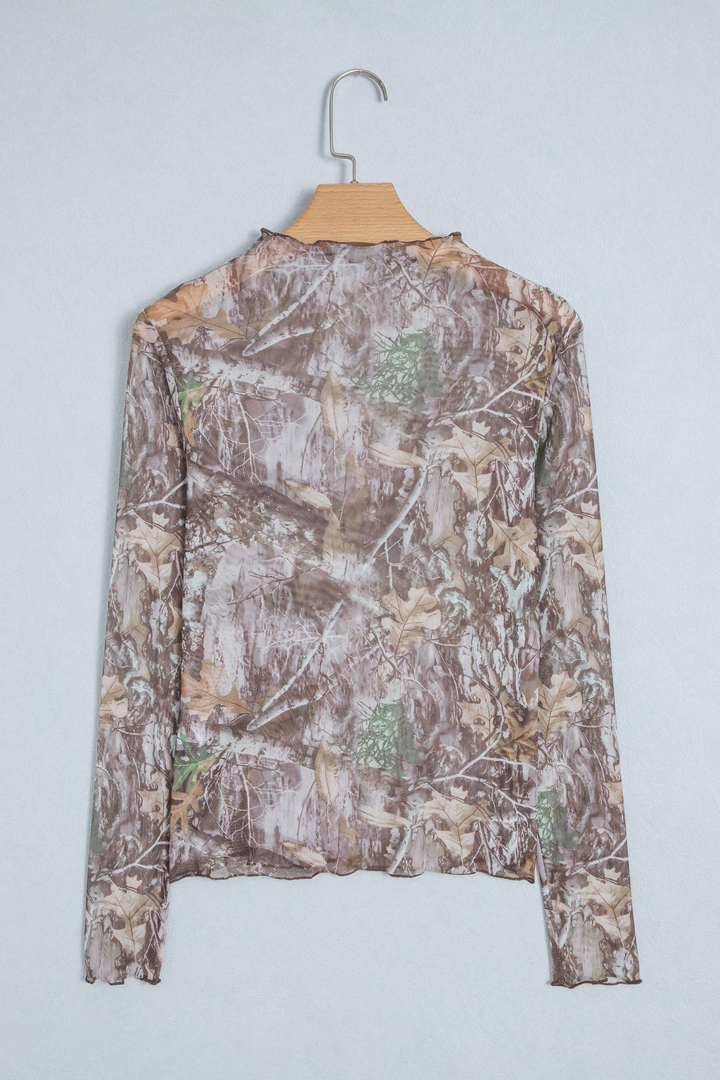 Beige Floral Print Slim Fit Mesh Long Sleeve Mock Neck Top