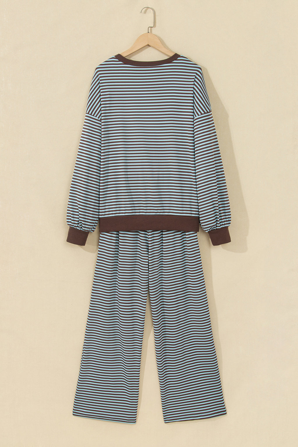 Brown Stripe Drop Shoulder Loose Top and Pants Two Piece Set