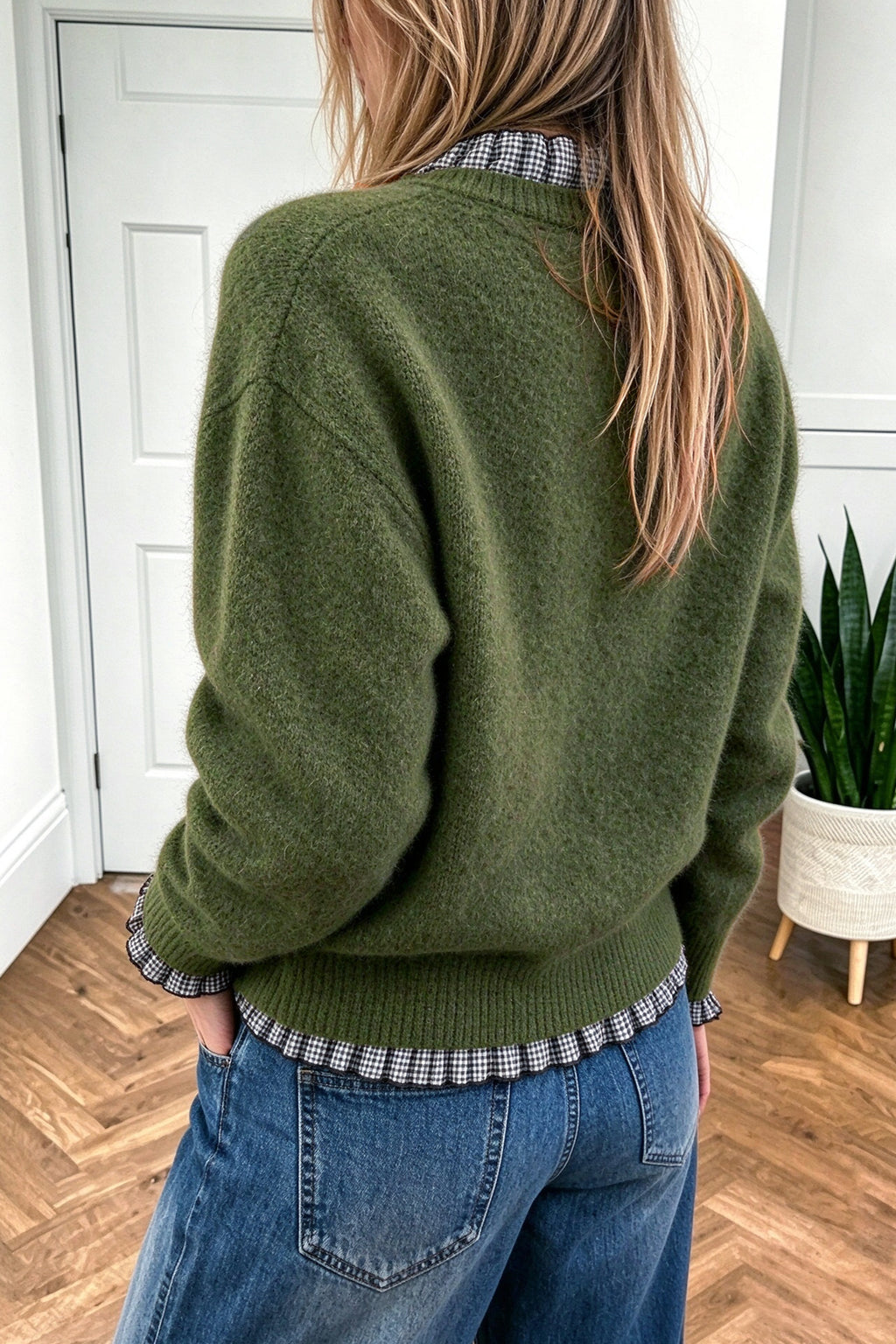 Chicory Coffee Contrast Plaid Ruffle Trim Pullover Sweater