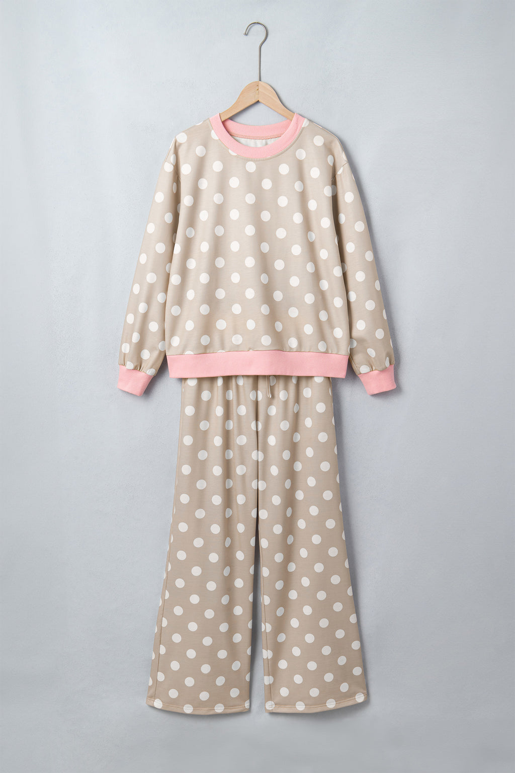 Khaki Polka Dot Contrast Trim Long Sleeve Top Drawstring Shift Pants Set