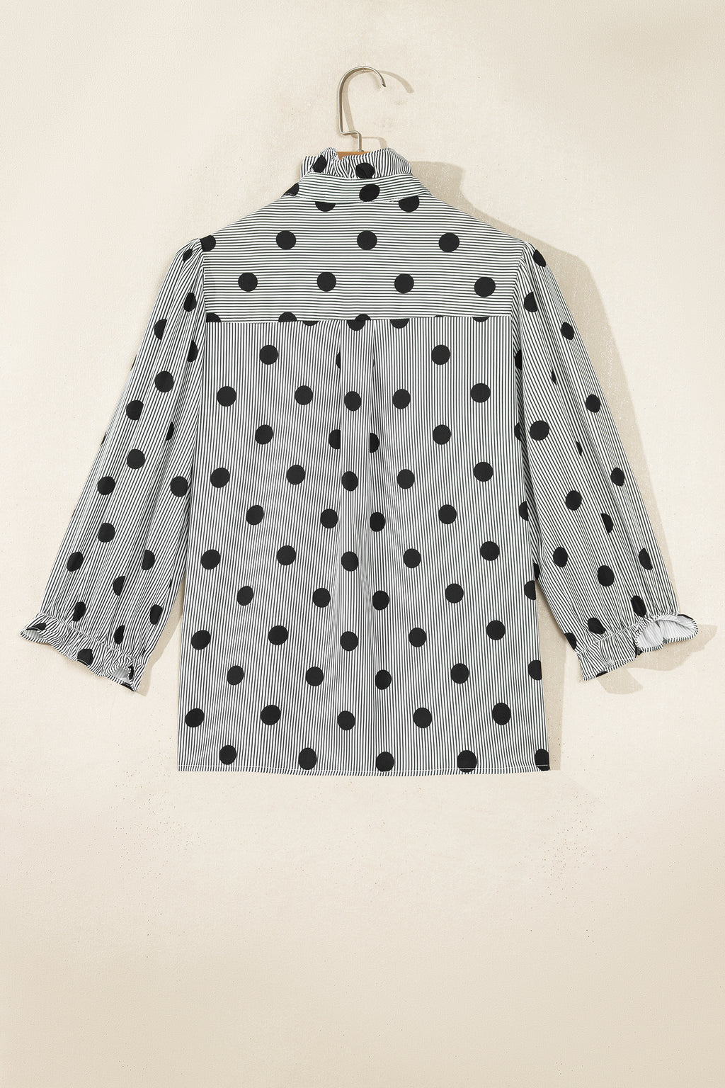 Fiery Red Polka Dot Striped Print Ruffle Stand Neck 3/4 Sleeve Shift Shirt