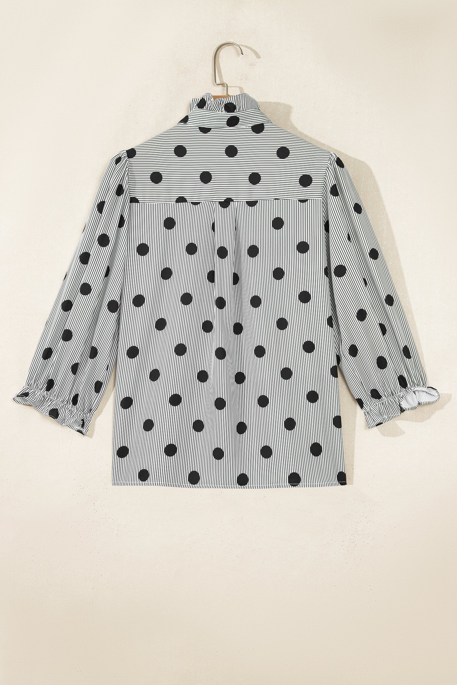 Fiery Red Polka Dot Striped Print Ruffle Stand Neck 3/4 Sleeve Shift Shirt
