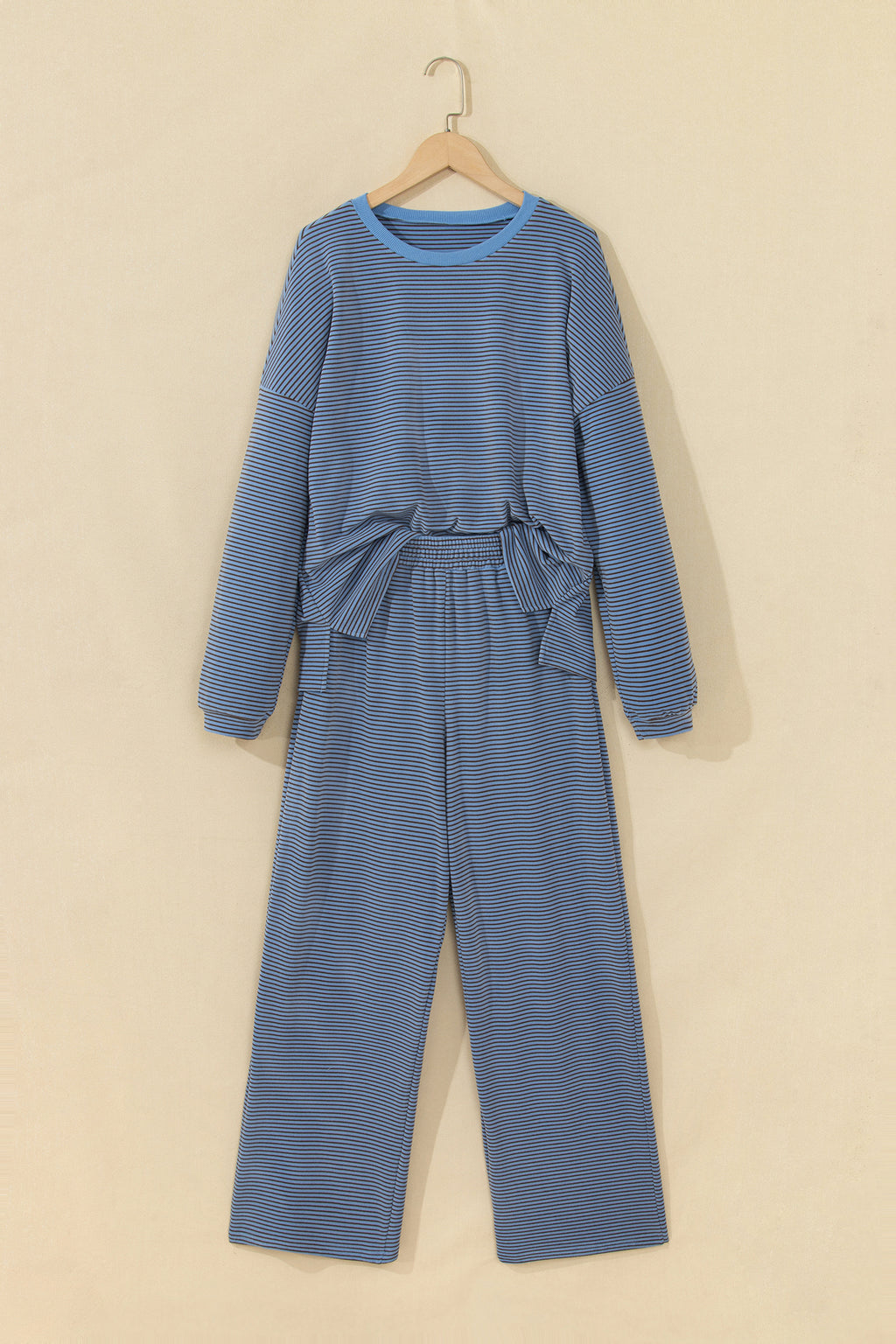Brown Stripe Contrast Trim Round Neck Oversize Long Sleeve Top 2pcs Pant Set