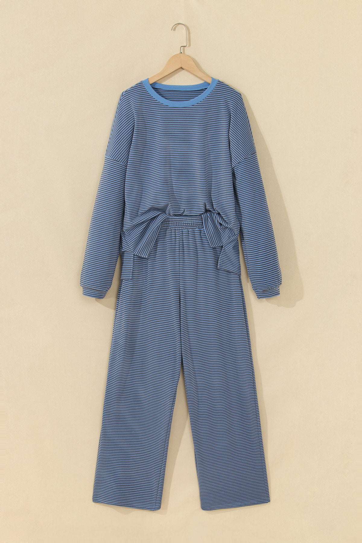 Brown Stripe Contrast Trim Round Neck Oversize Long Sleeve Top 2pcs Pant Set