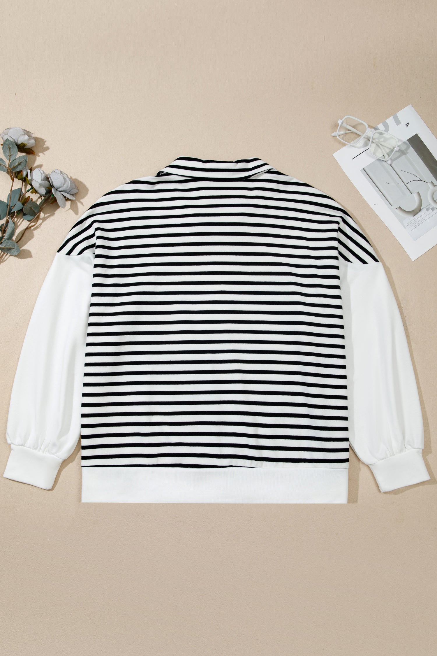 White Stripe Striped Colorblock V Neck Long Sleeve Shift Plus Size Blouse