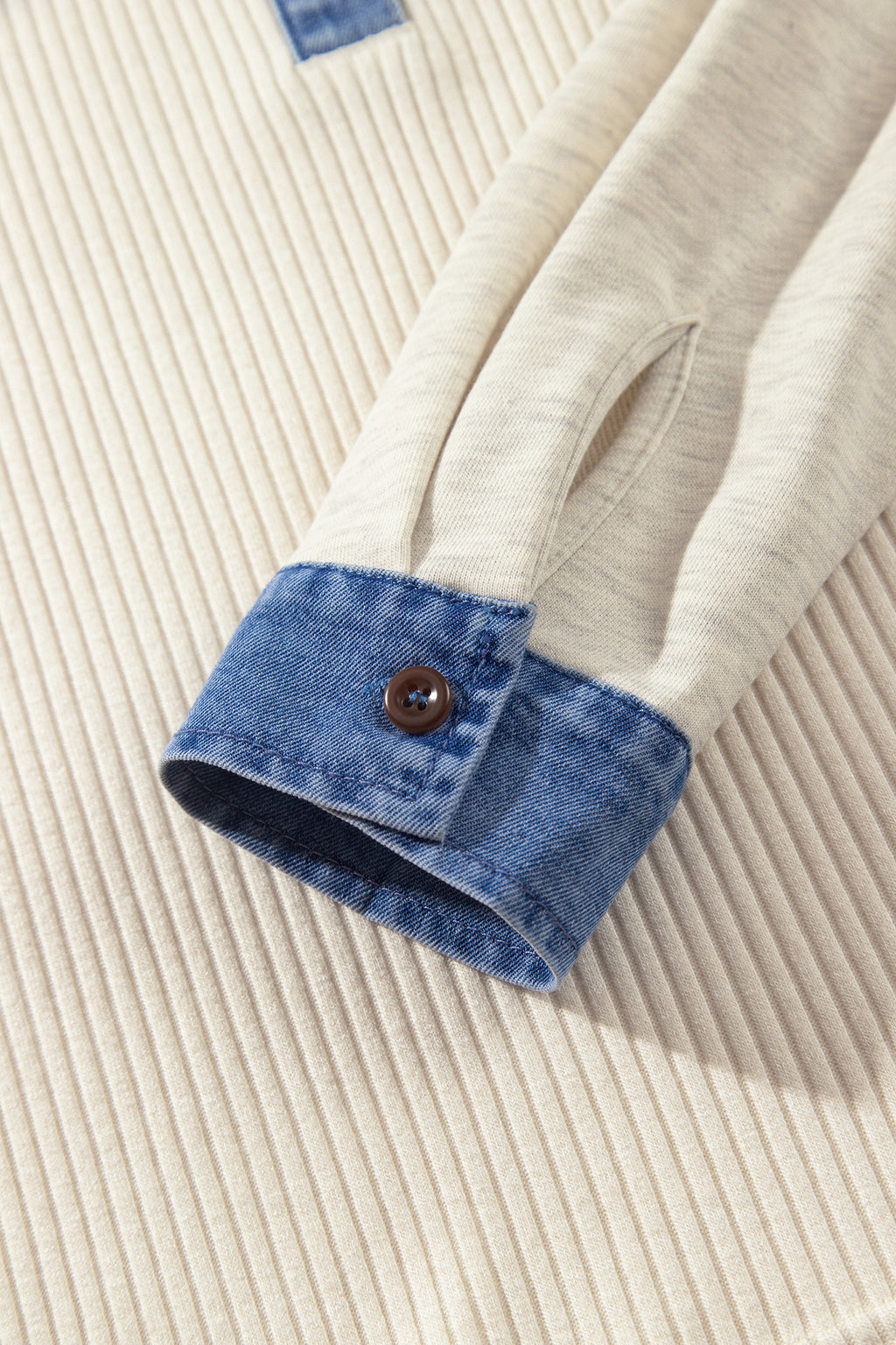 Light Grey Ribbed Denim Colorblock Detail Button Collar Long Sleeve Top