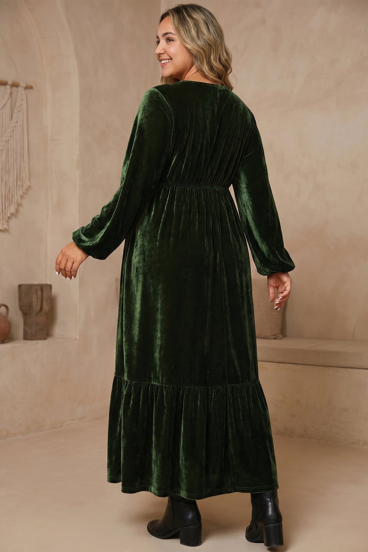 Blackish Green V Neck Long Sleeve Velvet Loose Fit Plus Size Dress