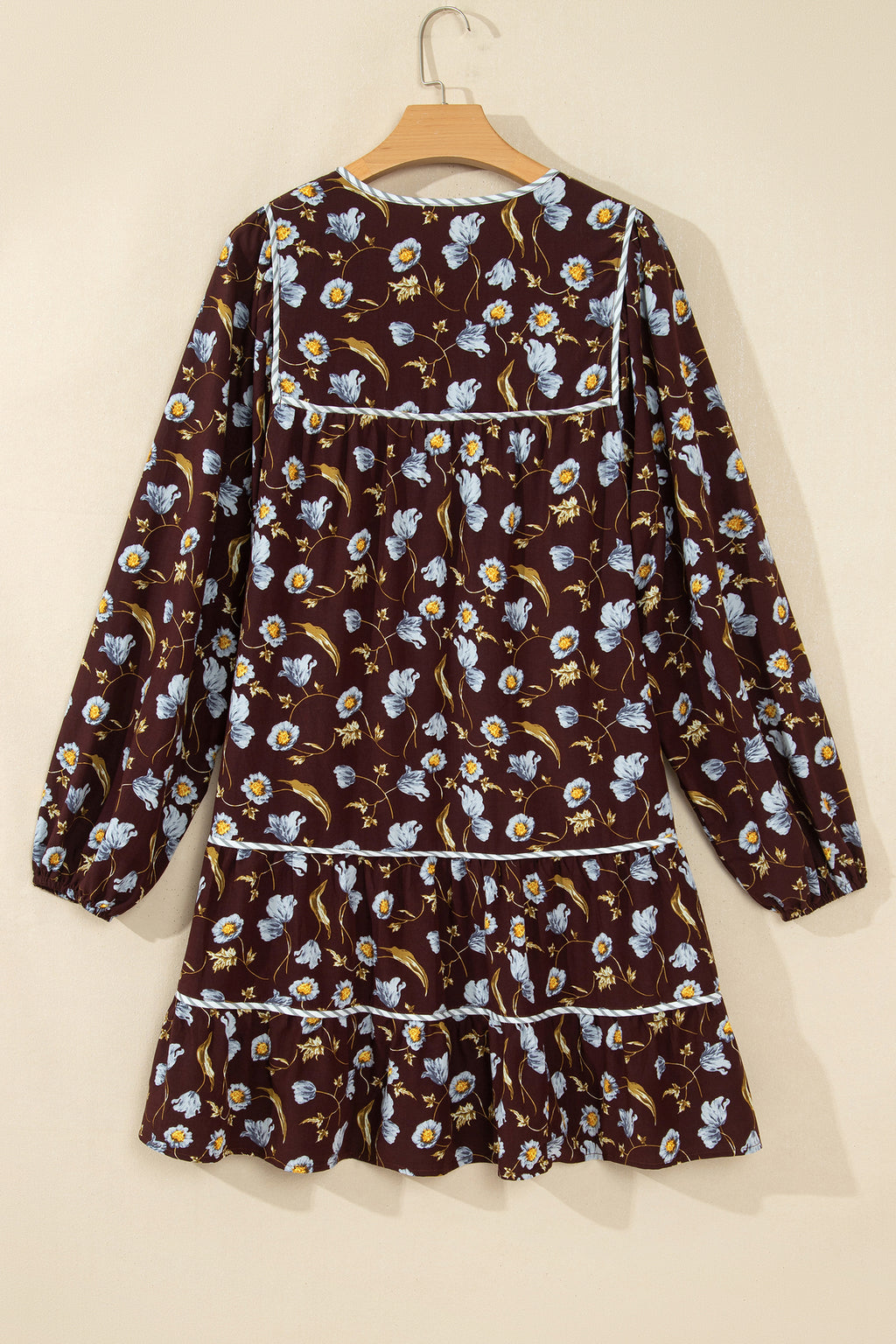 Brown Floral Print Shirred V Neck Shift Dress