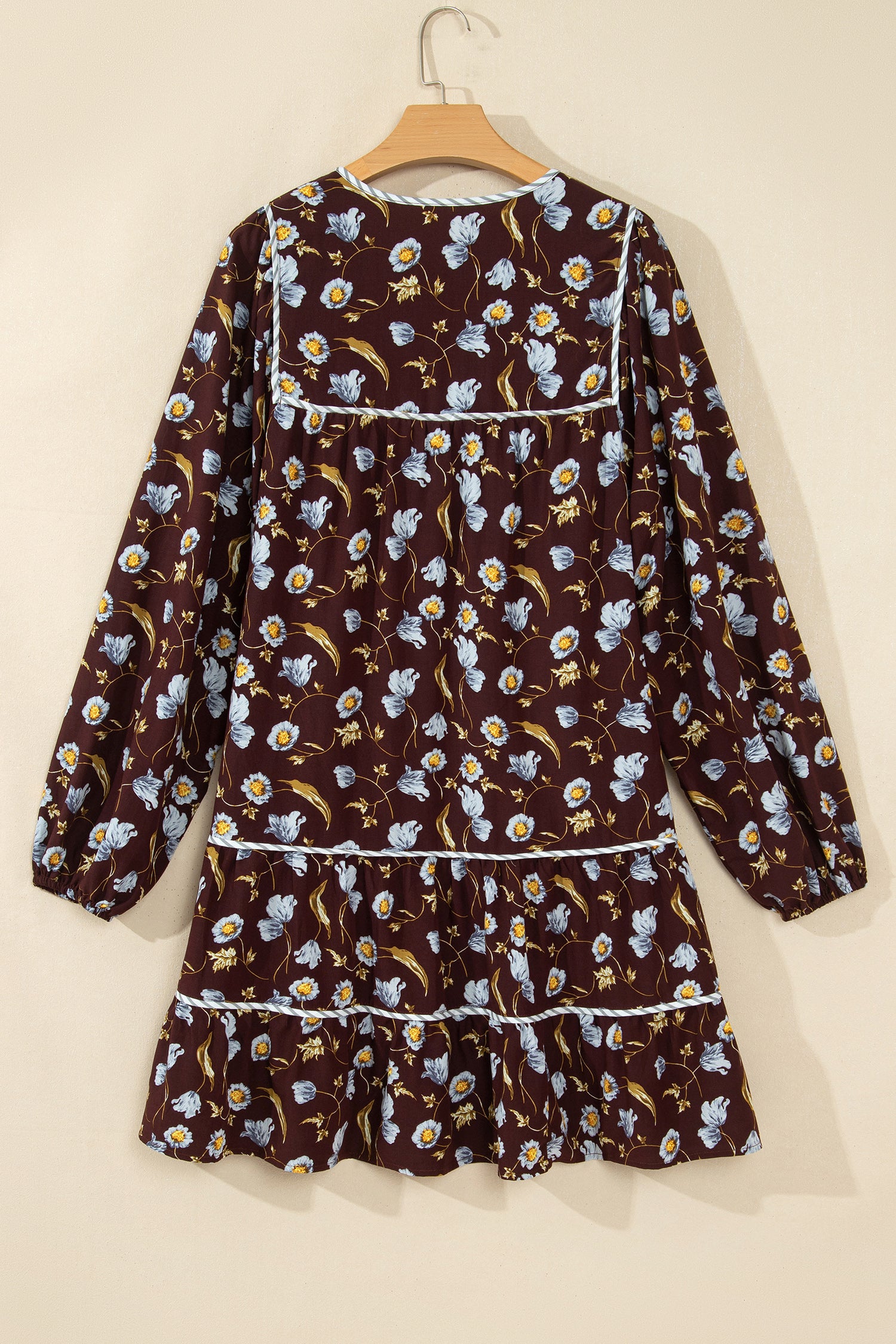 Brown Floral Print Shirred V Neck Shift Dress