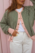 Green Stripe Striped V Neck Patchwork Long Sleeve Regular Fit Cardigan