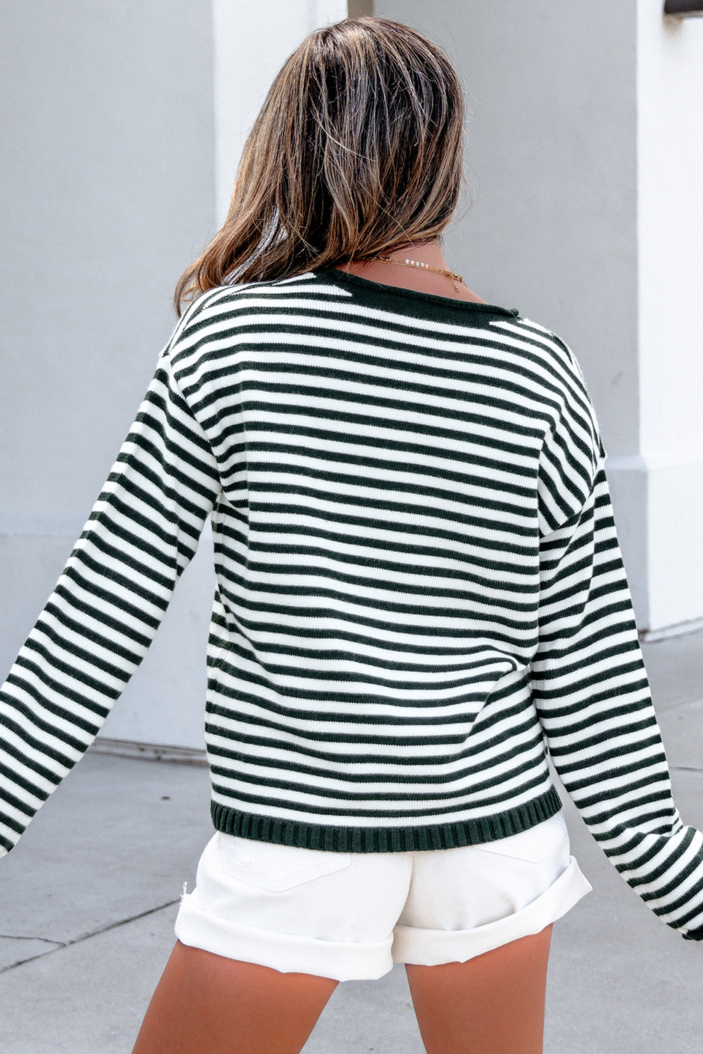 Pink Stripe Striped Button Placket Drop Shoulder Long Sleeve Sweater