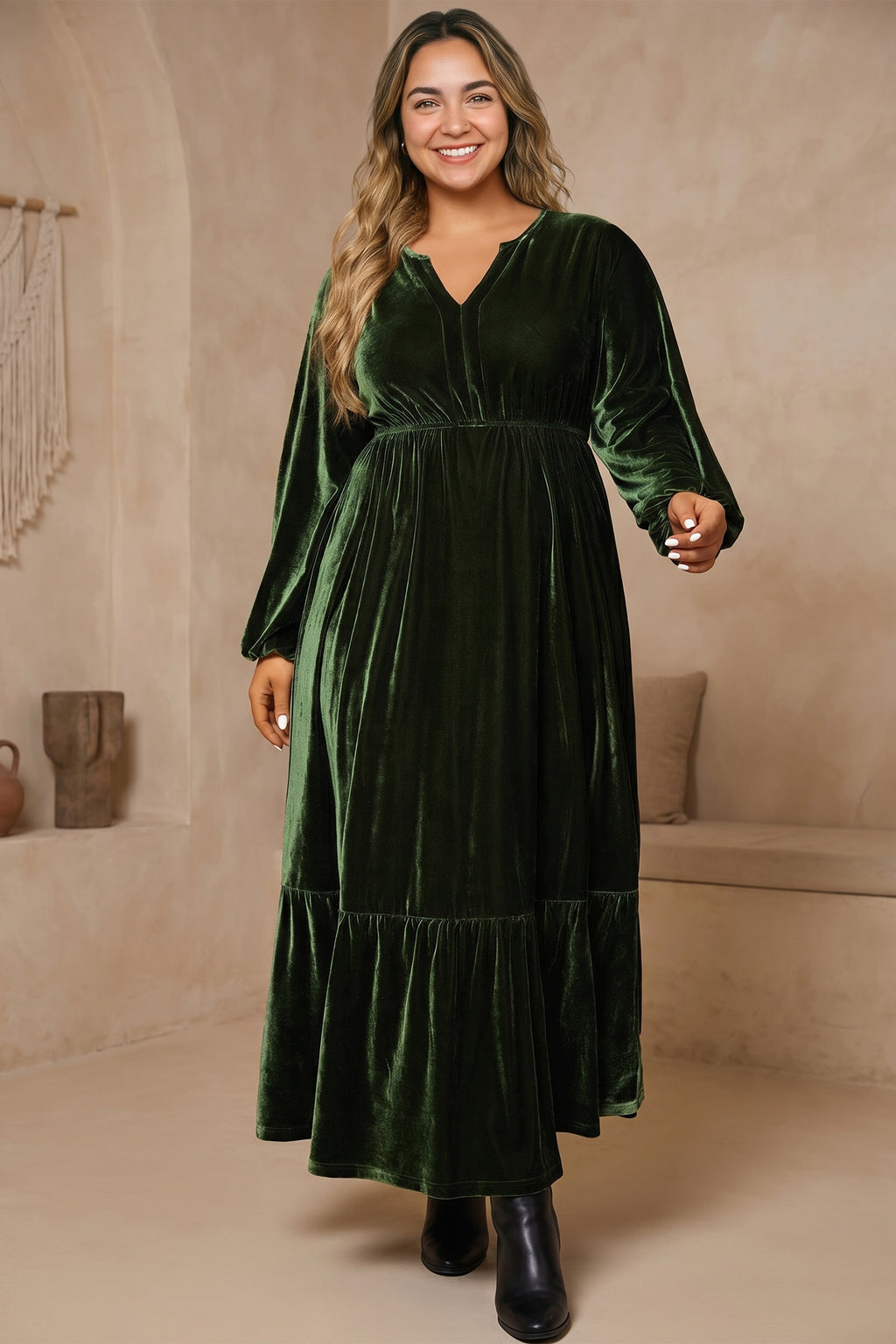 Blackish Green V Neck Long Sleeve Velvet Loose Fit Plus Size Dress
