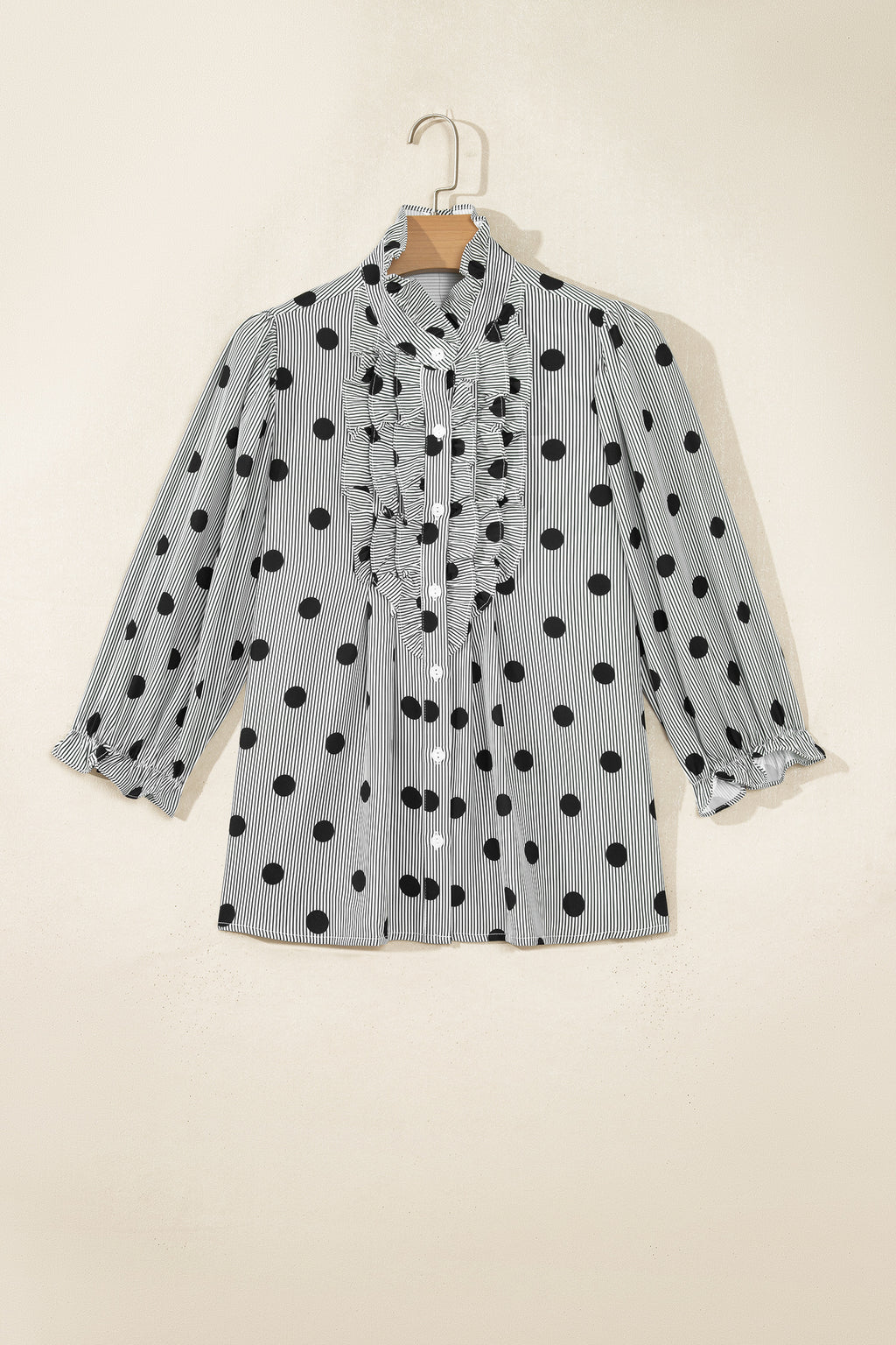 Fiery Red Polka Dot Striped Print Ruffle Stand Neck 3/4 Sleeve Shift Shirt