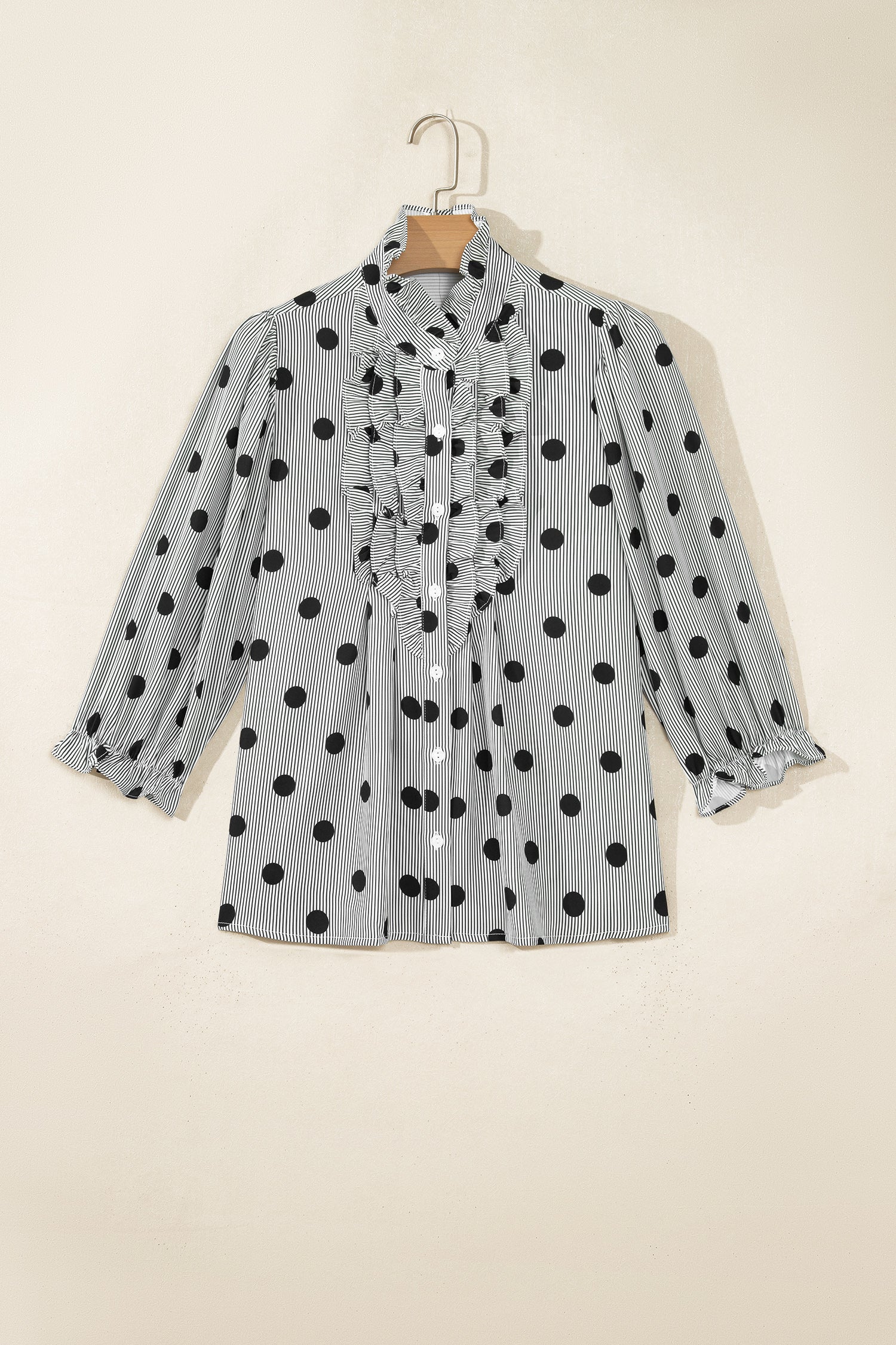 Fiery Red Polka Dot Striped Print Ruffle Stand Neck 3/4 Sleeve Shift Shirt