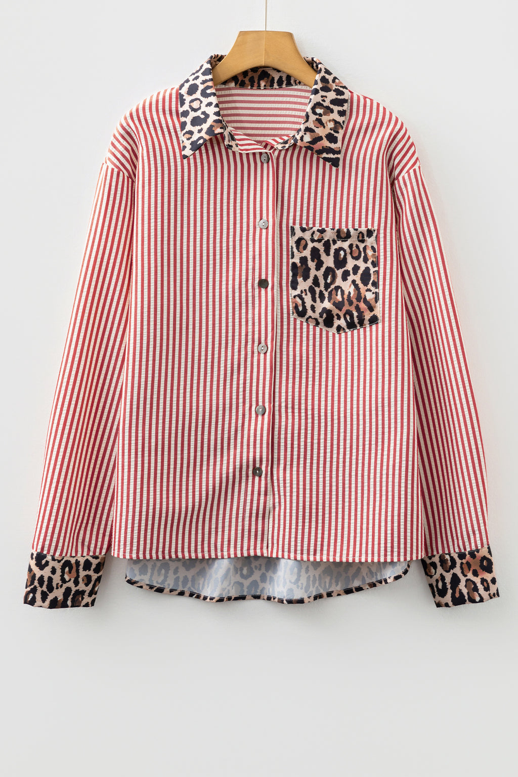 Black Striped Leopard Print Patchwork Button Up Womens Shirt