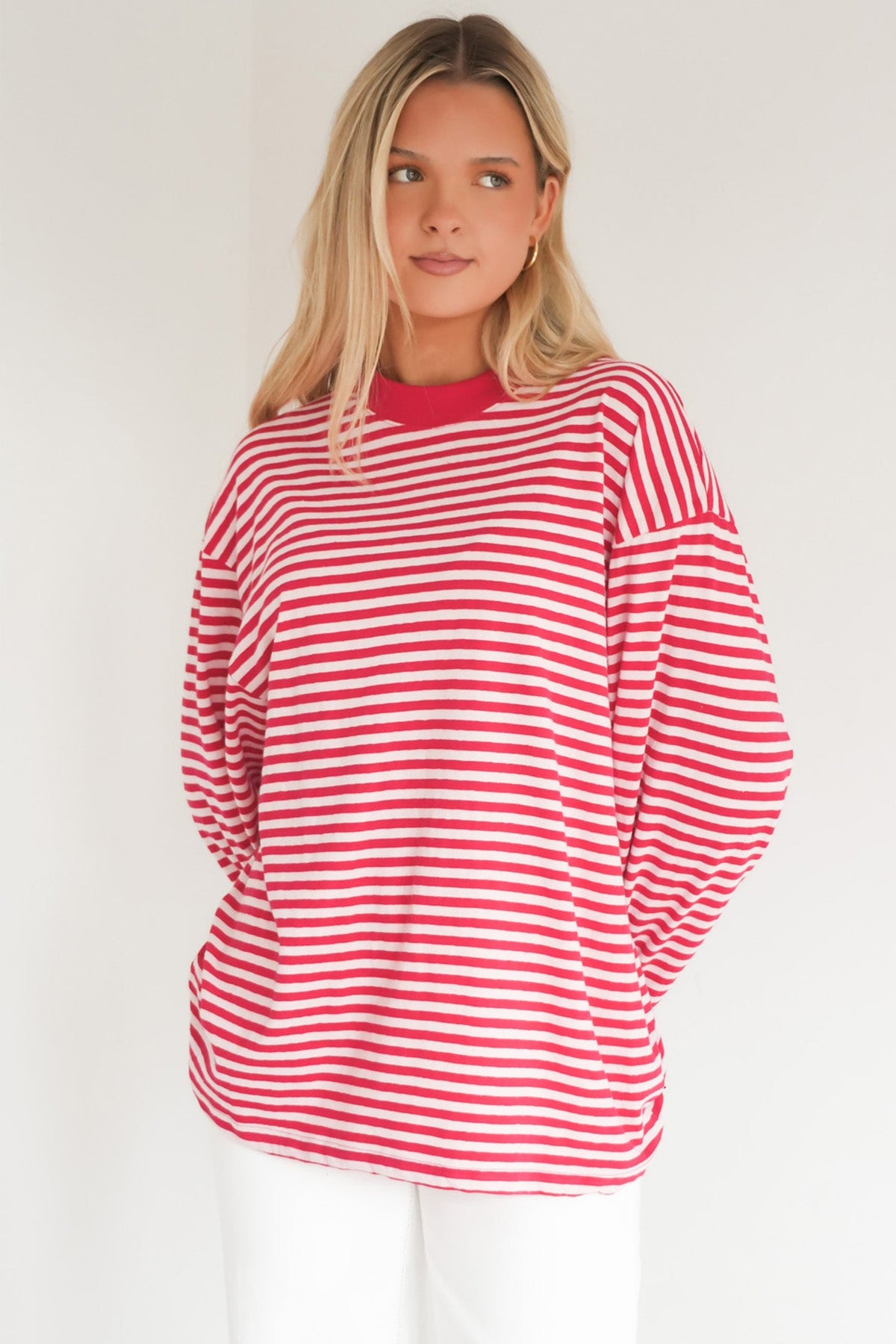 Red Stripe Oversized Long Sleeve Round Neck Top