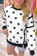 White Polka Dot Contrast Patchwork Round Neck Baggy Sweatshirt