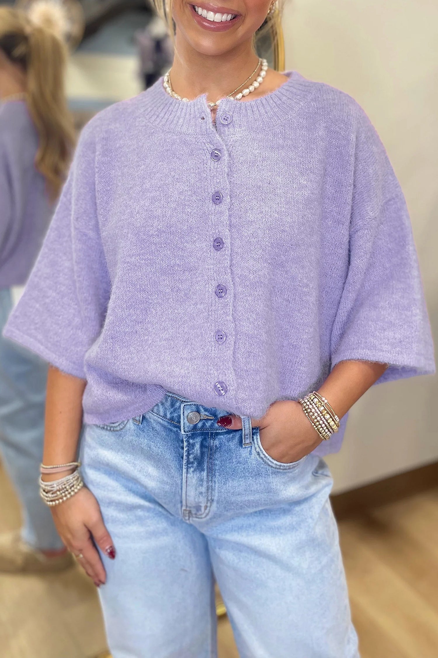 Beau Blue 3/4 Sleeve Boxy Knit Button Down Sweater Cardigan