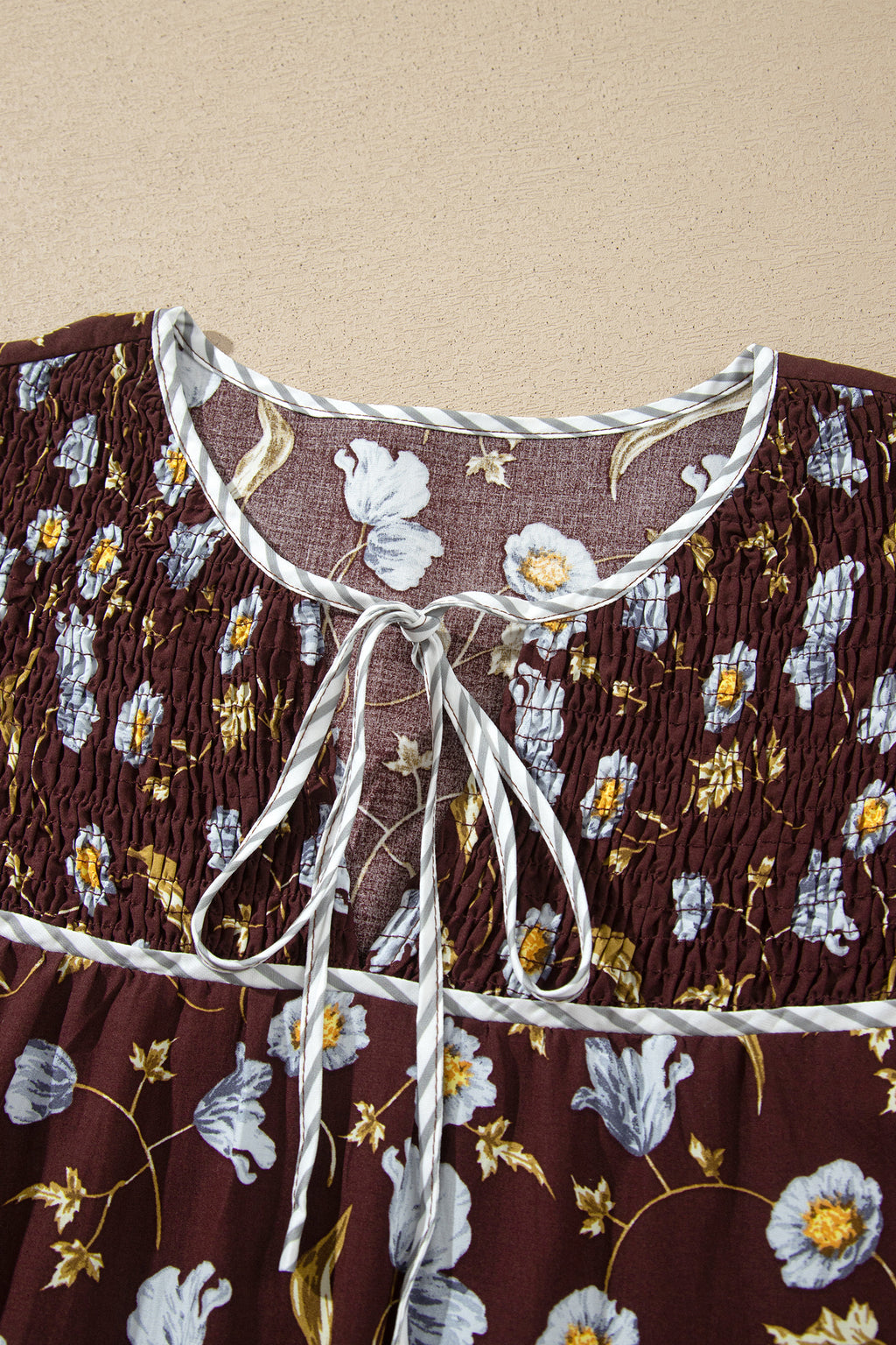 Brown Floral Print Shirred V Neck Shift Dress