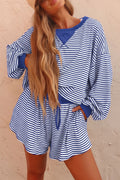Blue Stripe Oversized Long Sleeve Top Drawstring Loose Shorts 2pcs Set