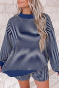 Blue Stripe Ribbed Patchwork Mock Neck Baggy Pullover Matching Shorts Set
