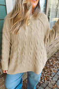 Parchment Oversized Cable Knit Long Sleeve Round Neck Tunic Length Plus Size Sweater