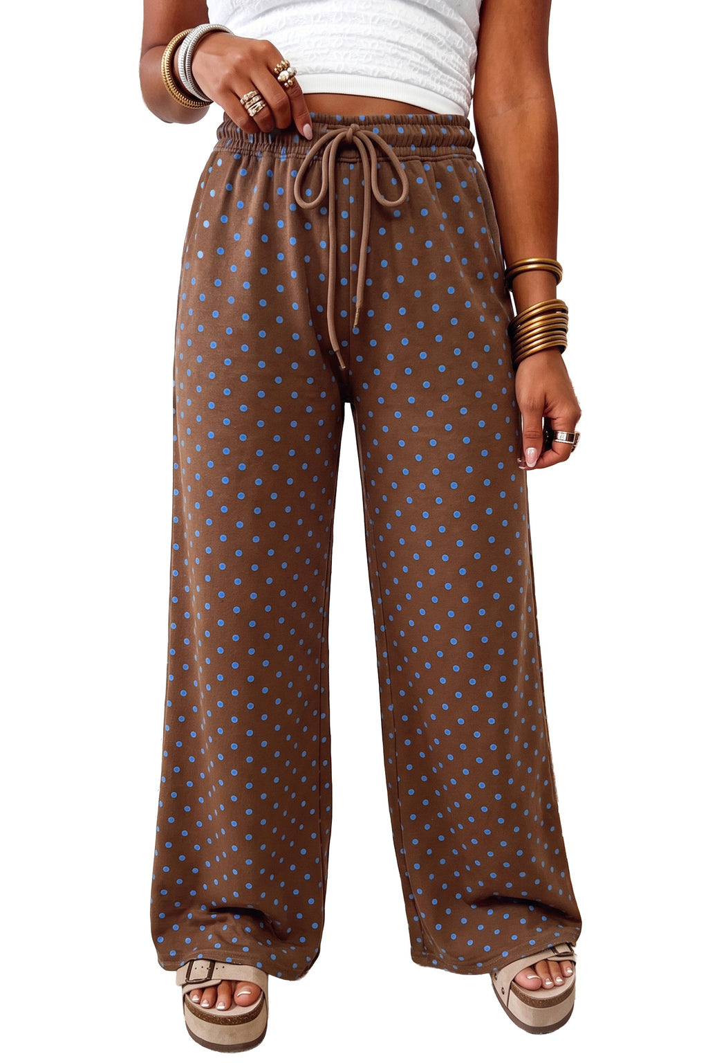 Brown Casual Polka Dot Wide Leg Drawstring Pants