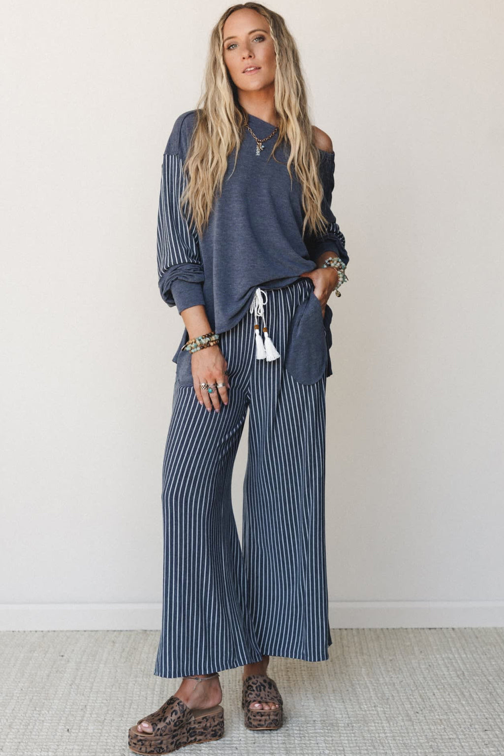 Real Teal Raw Seam Patchwork Long Sleeve Top Pocket Casual Pants 2pcs Set