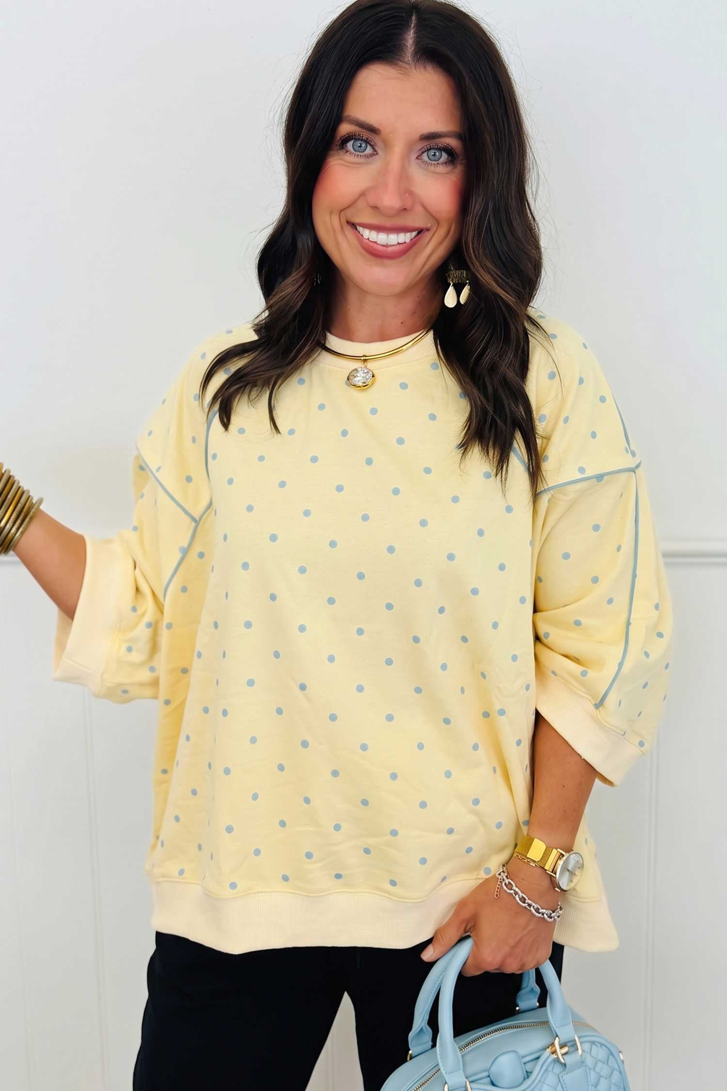 Gray Polka Dot Print Piping Trim 3/4 Sleeve Relaxed Top