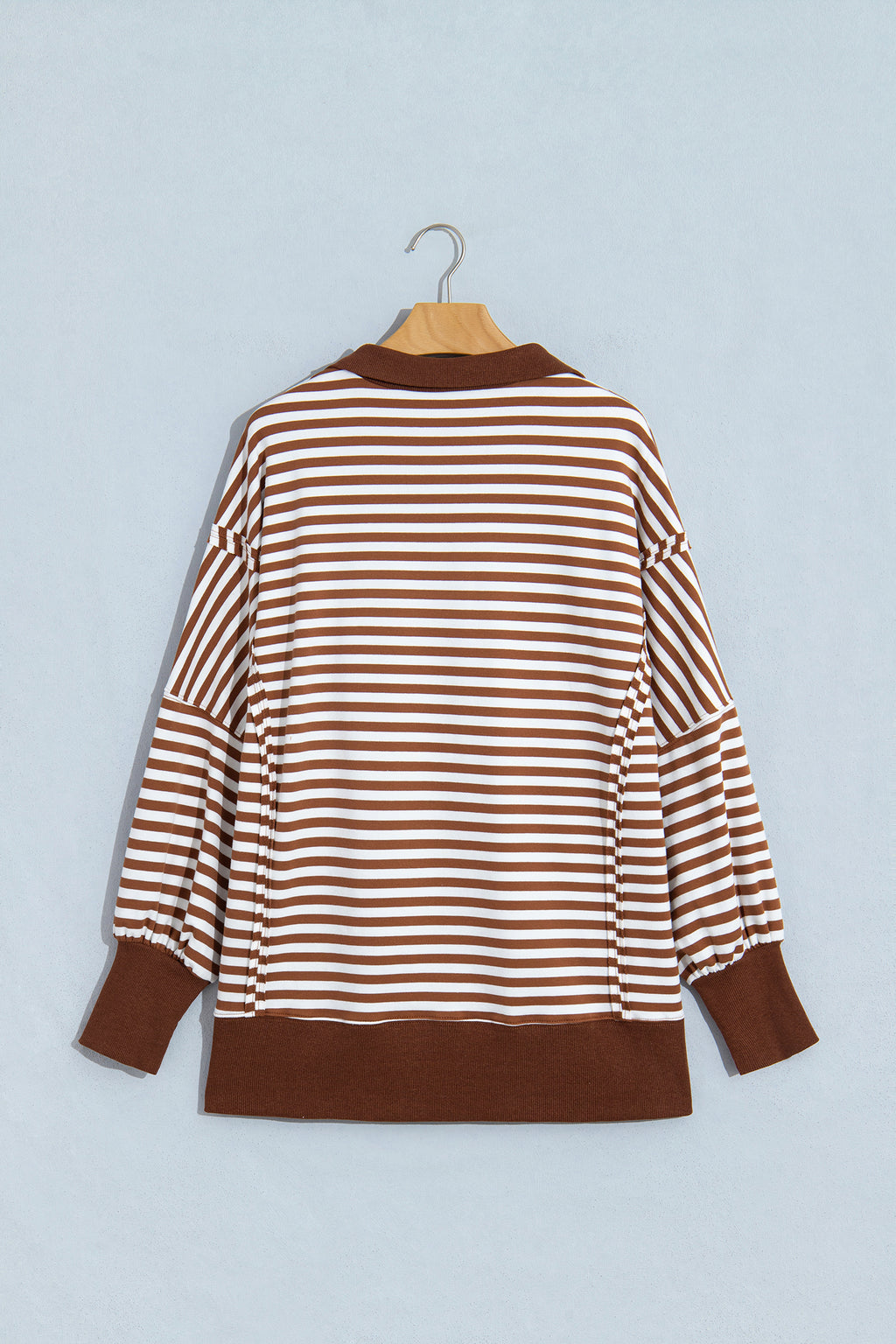Brown Stripe Color Block Trim Raw Seam Split Hem Loose Pullover Sweatshirt