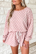 Pink Polka Dot Long Sleeve Top Drawstring Shorts Loose 2pcs Set