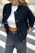 Black Retro Quilted Leopard Cuff Button Down Puffer Jacket