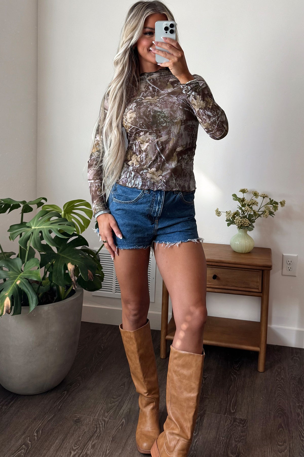 Beige Floral Print Slim Fit Mesh Long Sleeve Mock Neck Top