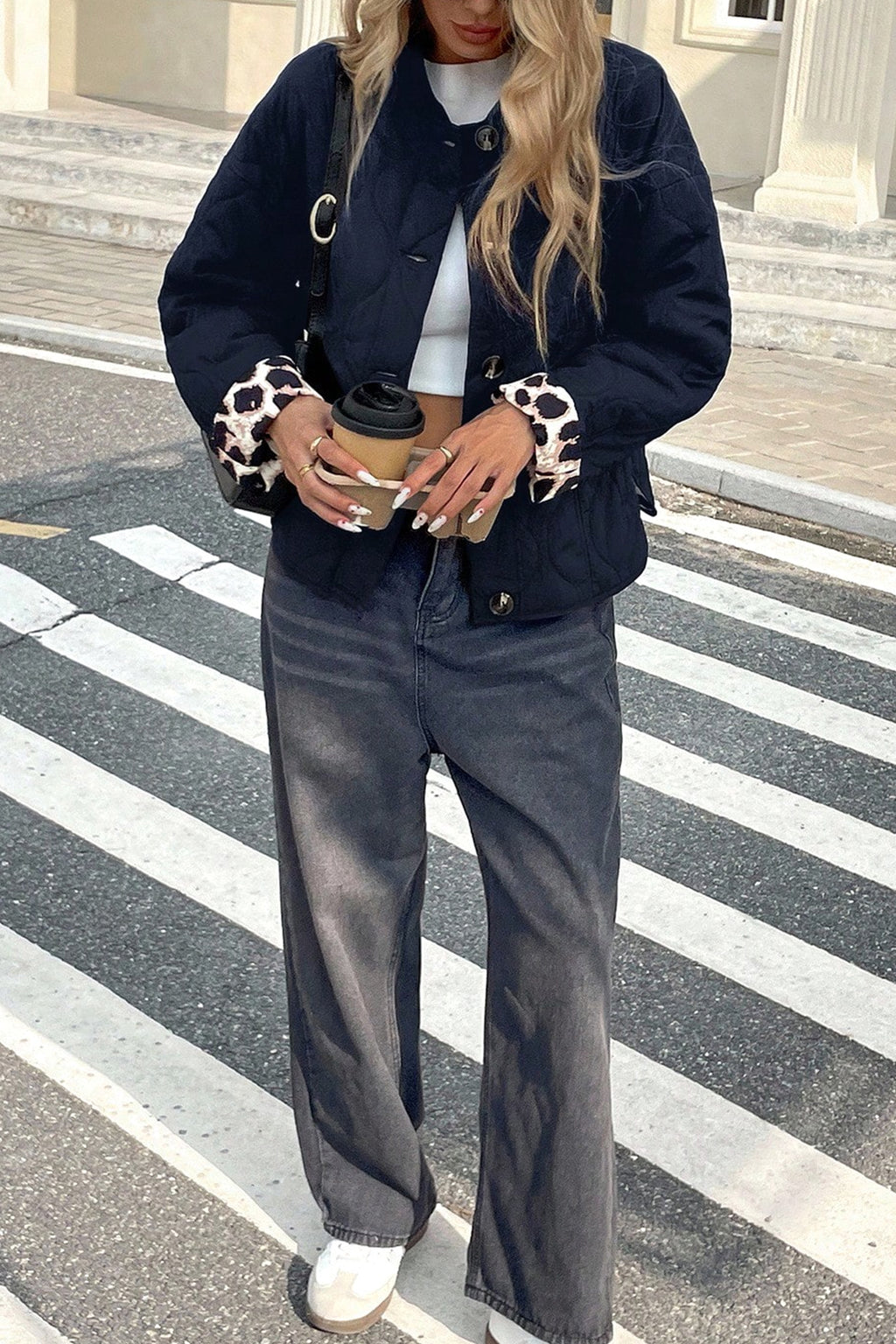 Black Retro Quilted Leopard Cuff Button Down Puffer Jacket
