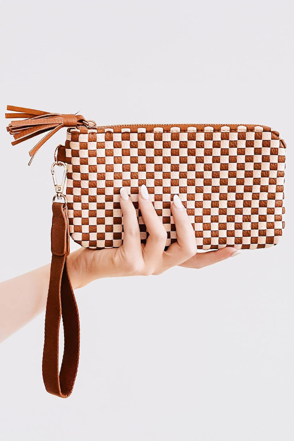 Color black Checkered Woven Clutch Wristlet PU Leather Large Size Patterned Wallet