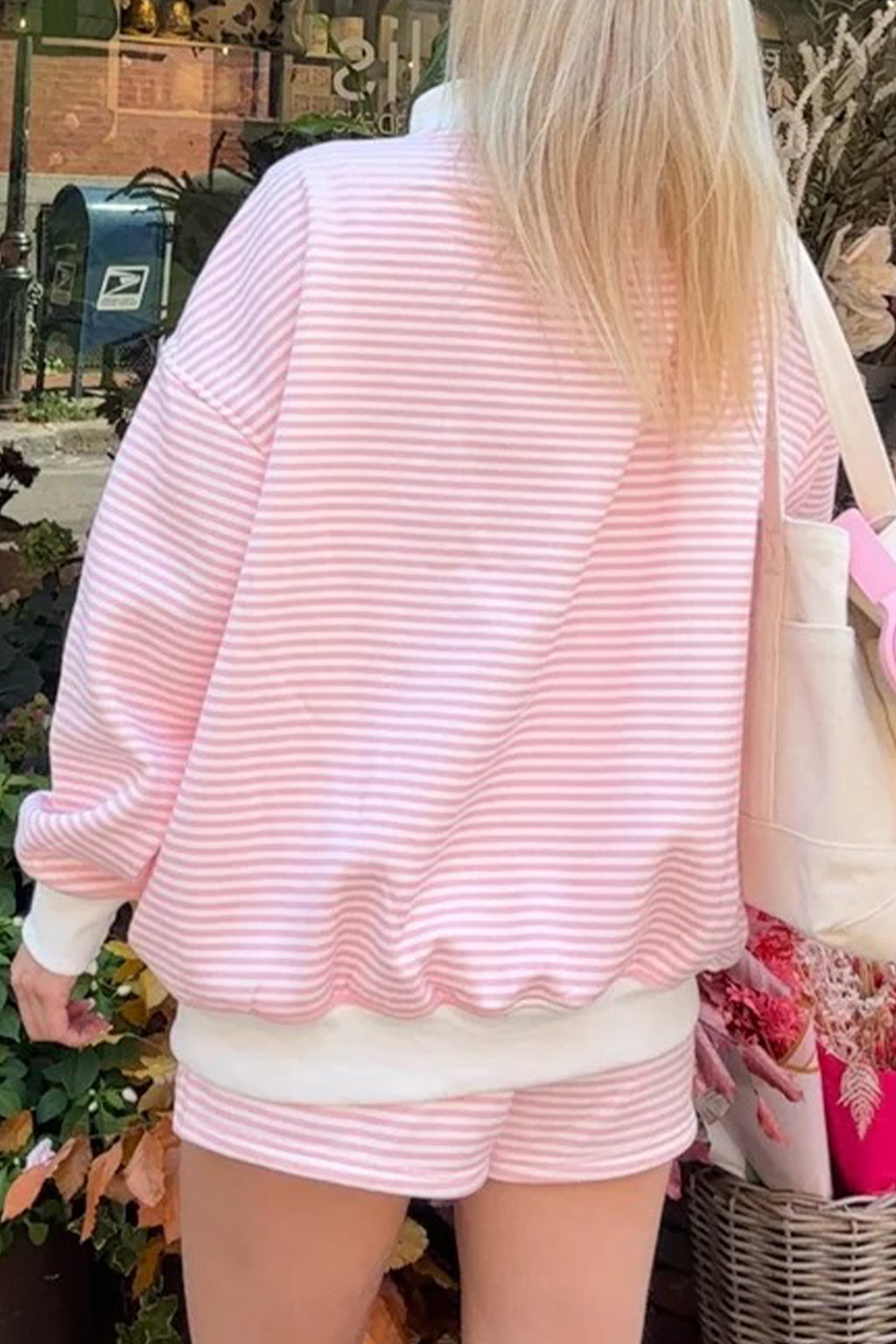 Green Stripe Oversize Mock Neck Sweatshirt and Shorts Set