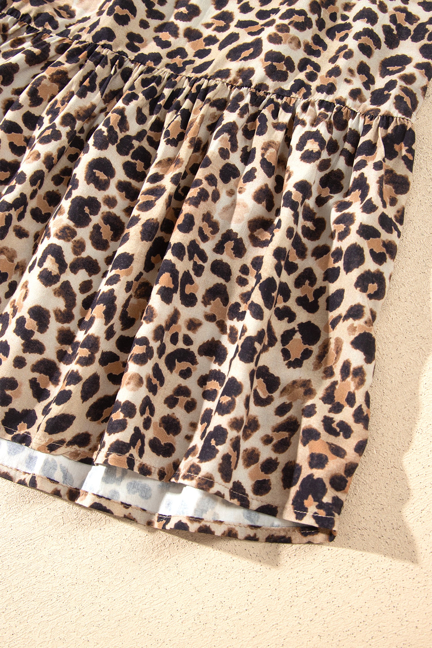 Brown Leopard Print V Neck Long Sleeve Gathered Waist Plus Size Dress