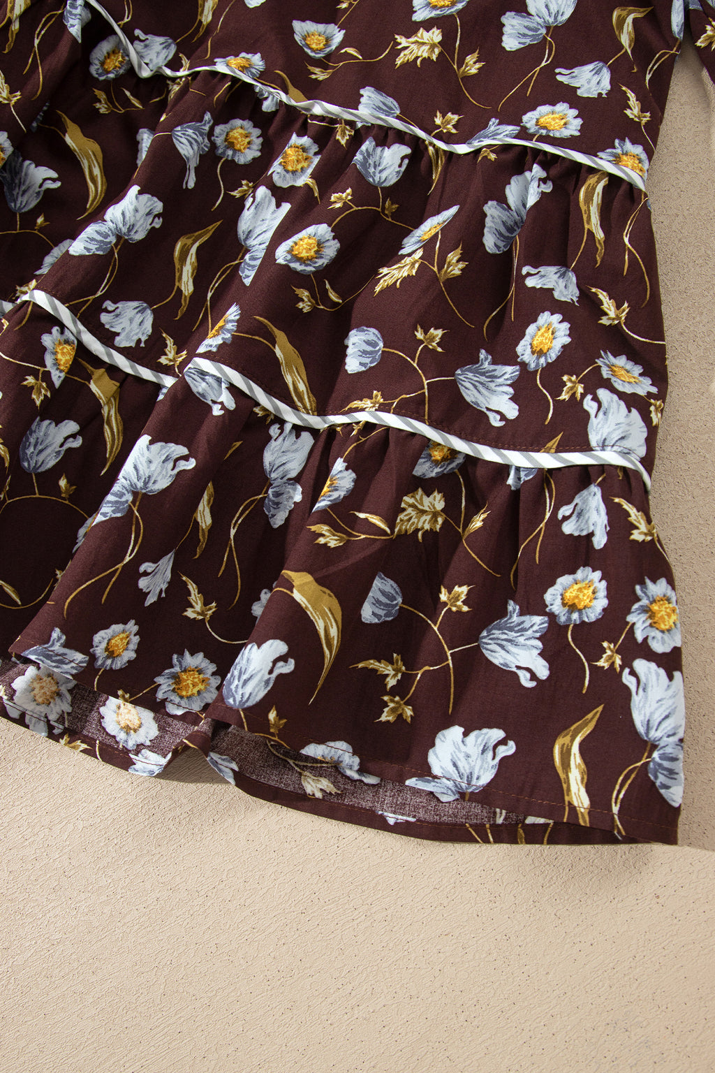 Brown Floral Print Shirred V Neck Shift Dress
