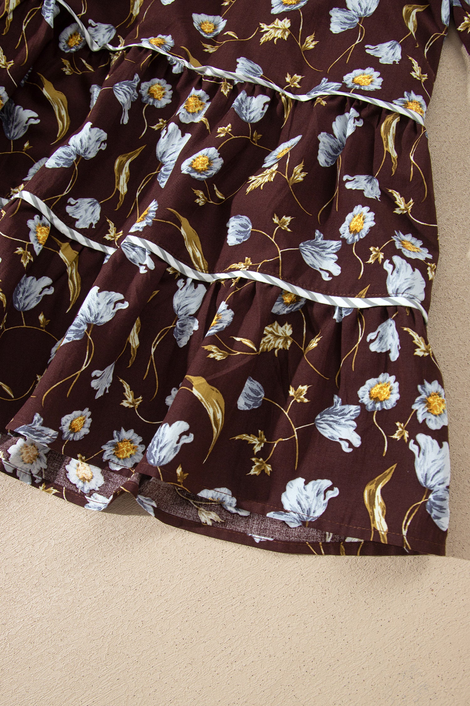 Brown Floral Print Shirred V Neck Shift Dress