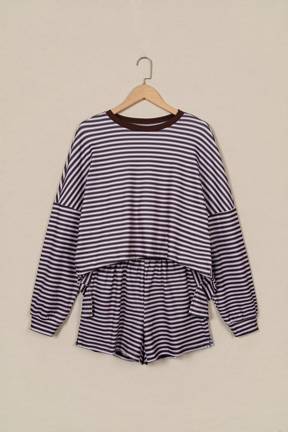 Brown Stripe Long Sleeve Oversized Top Pocketed Casual Shorts Two Piece Set
