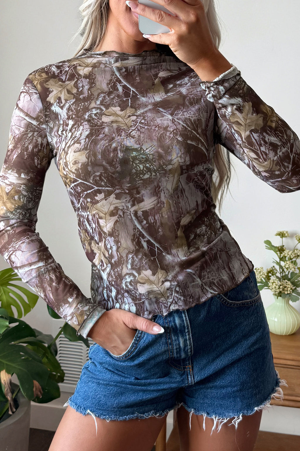 Beige Floral Print Slim Fit Mesh Long Sleeve Mock Neck Top