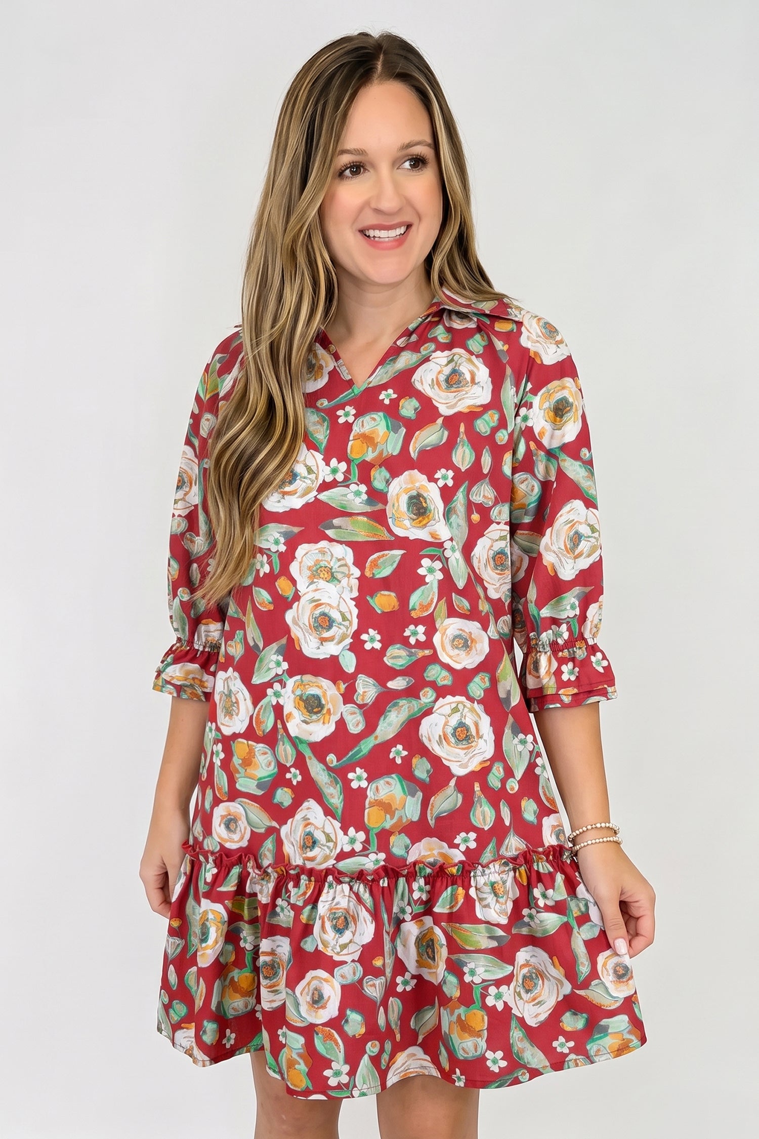 Red Floral Print Half Sleeve Short Shift Dress
