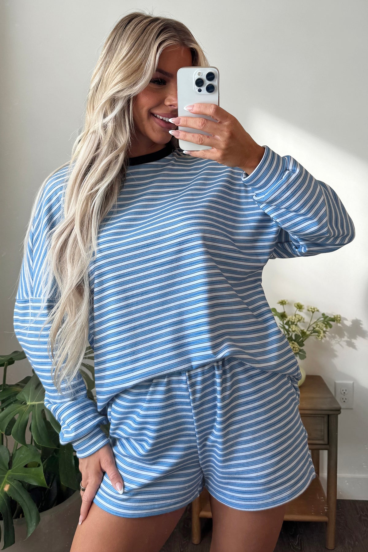 Brown Stripe Long Sleeve Oversized Top Pocketed Casual Shorts Two Piece Set